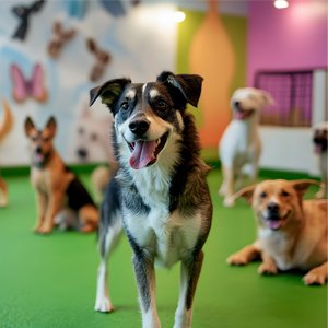 Group of puppies in a colorful room with a playful dog in the foreground