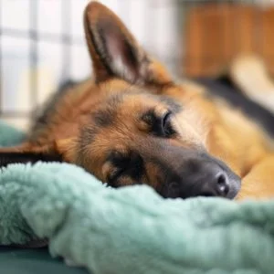 A dog sleeping peacefully on a green blanket.