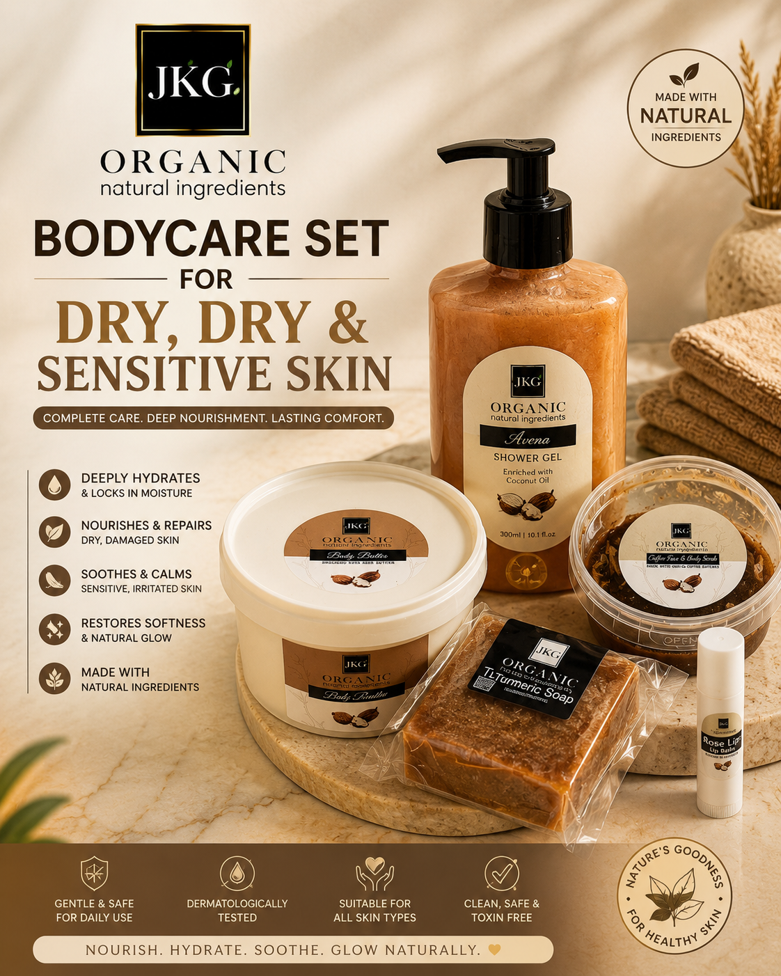 JKG Organic Body Care Set – For Dry & Sensitive Skin Deeply Nourishing. 100% Natural. Skin-Loving Goodness.