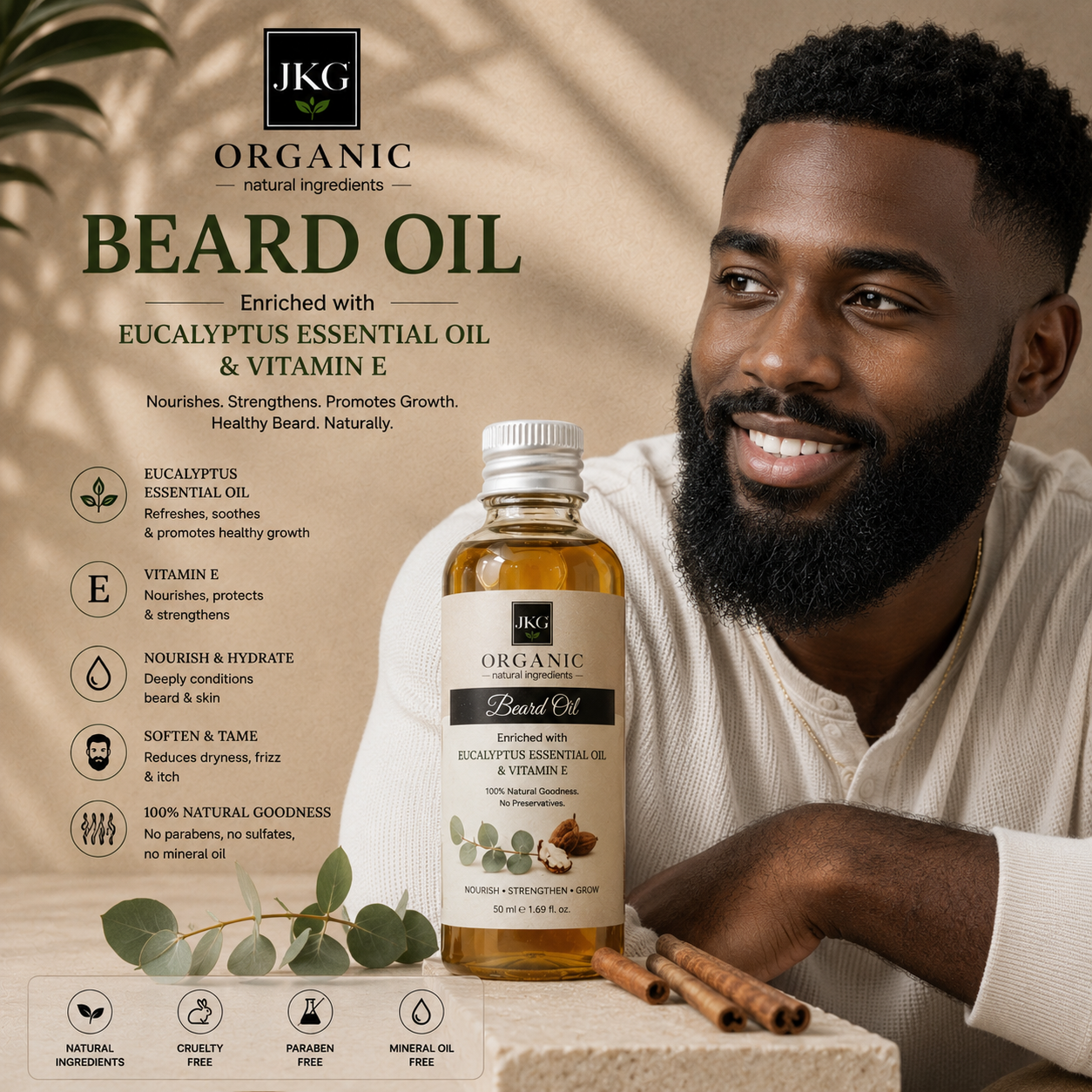 JKG Organic Beard Oil (30ml): Tame, Nourish & Strengthen Your Beard Naturally