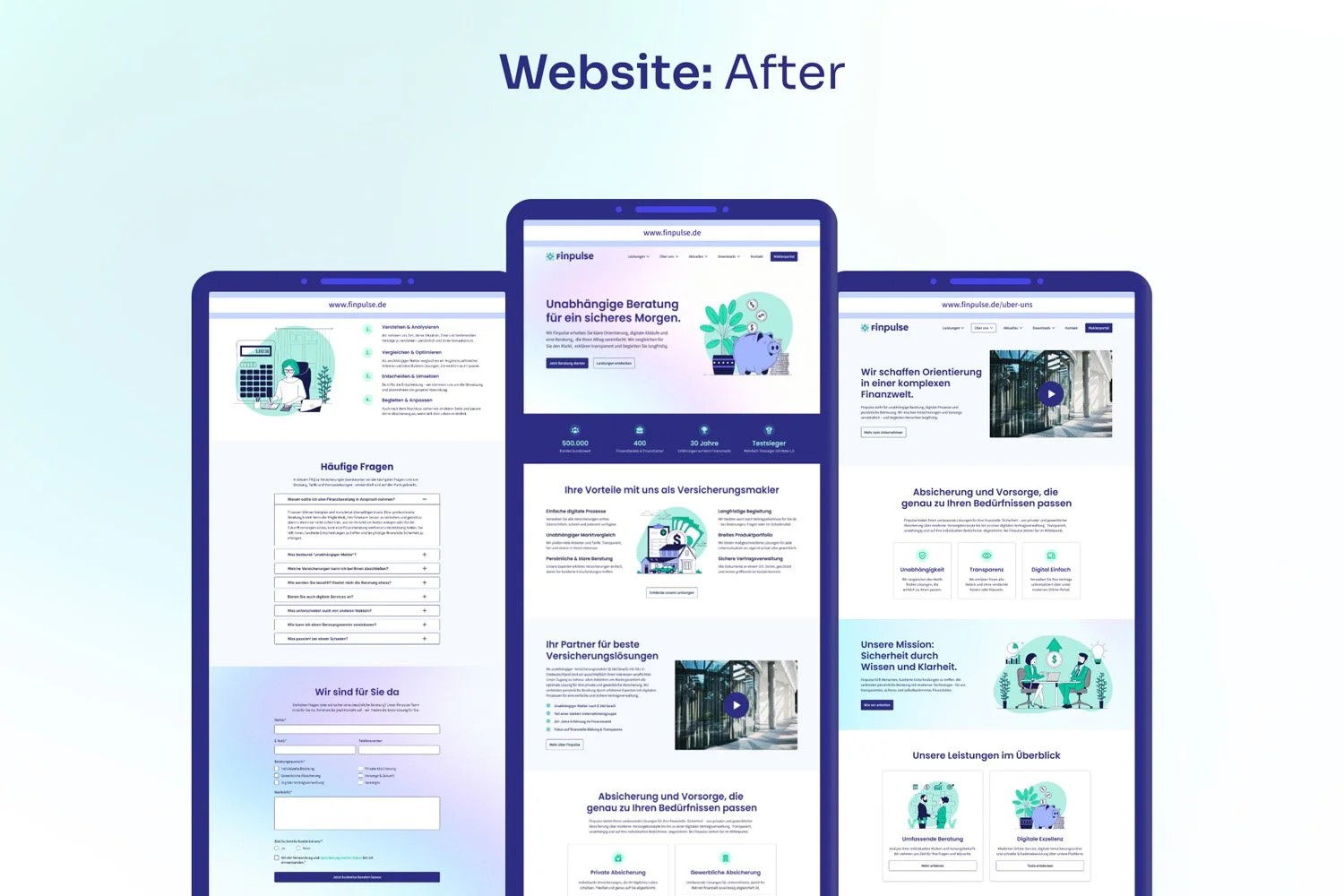 Three projected website screens showing a professional insurance or financial advisory company’s homepage, with illustrations, headlines, and navigation options.