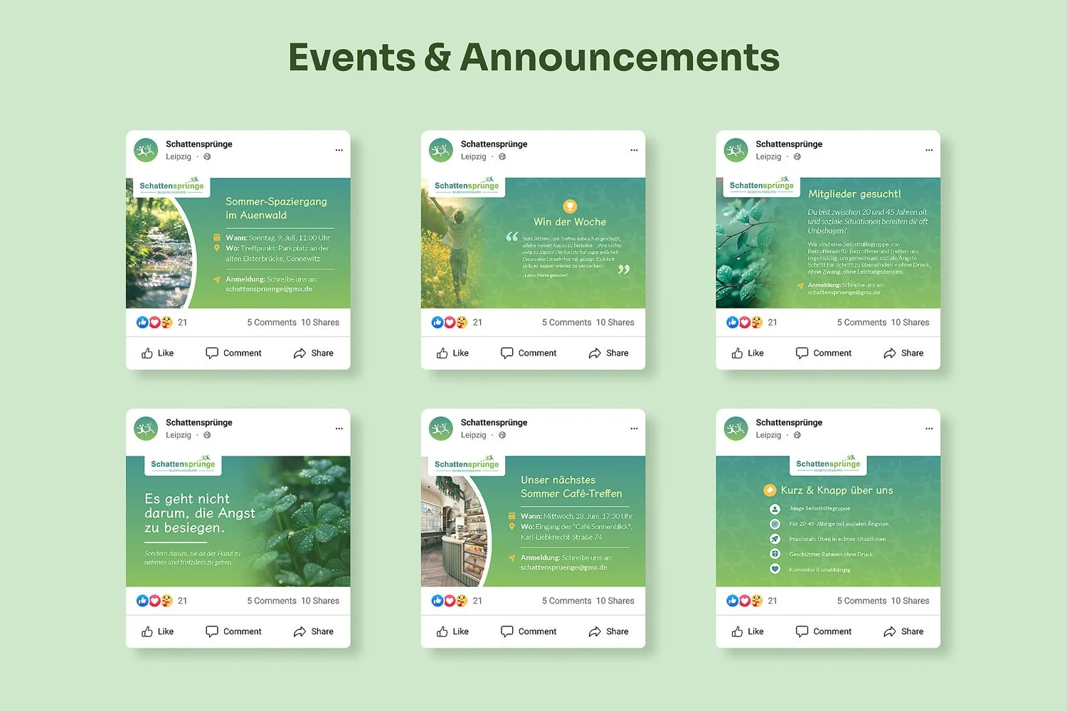 Collection of Facebook event announcement posts for a community group called Schatten Sprünge in Leipzig, featuring details about summer walks, meetups, and social events in green-themed designs.