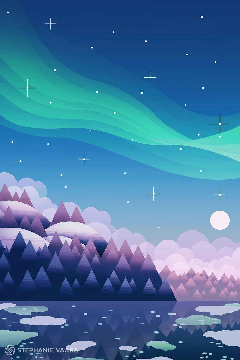 Animated landscape of mountains with pyramidal peaks reflected in a calm lake, under a night sky with stars, clouds, a bright moon, and green aurora borealis.