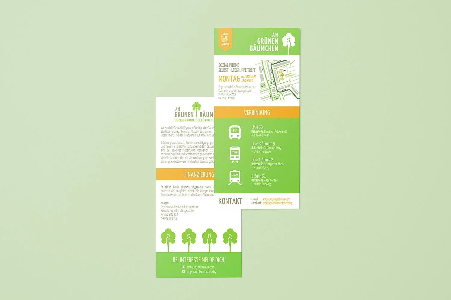 Flyer for a community tree planting event in Leipzig, Germany, with a map, contact information, and transportation options.