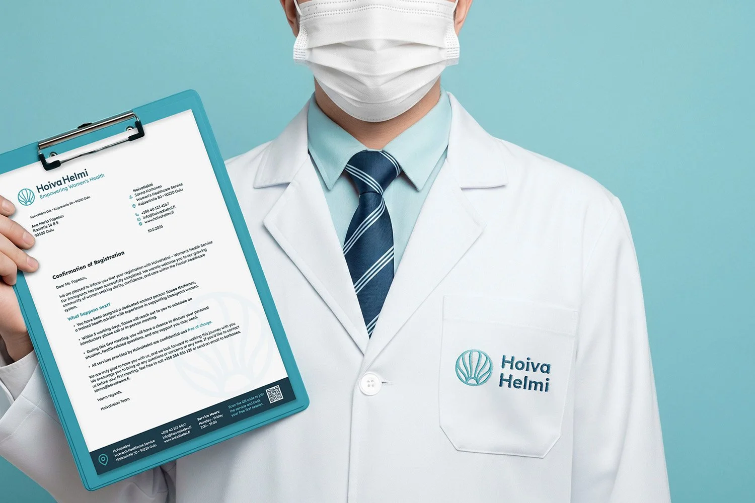Medical professional in a white coat with a logo saying 'Hoiva Helmi,' wearing a face mask and blue tie, holding a clipboard with a registration confirmation letter.