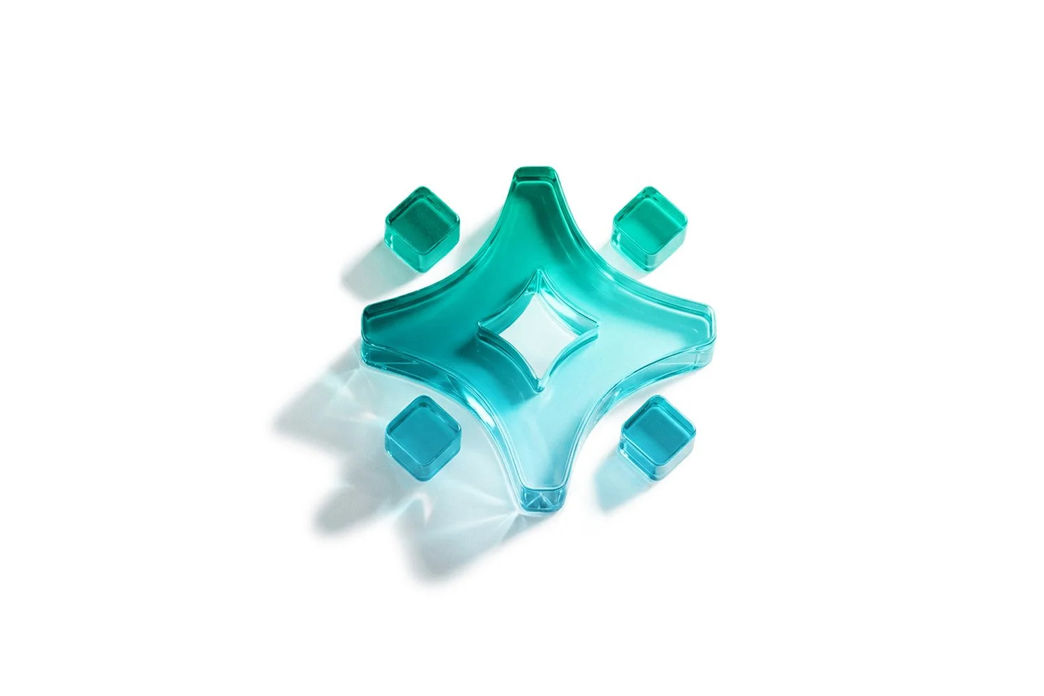 Blue transparent glass geometric shape with four smaller matching squares around it, on a white background.