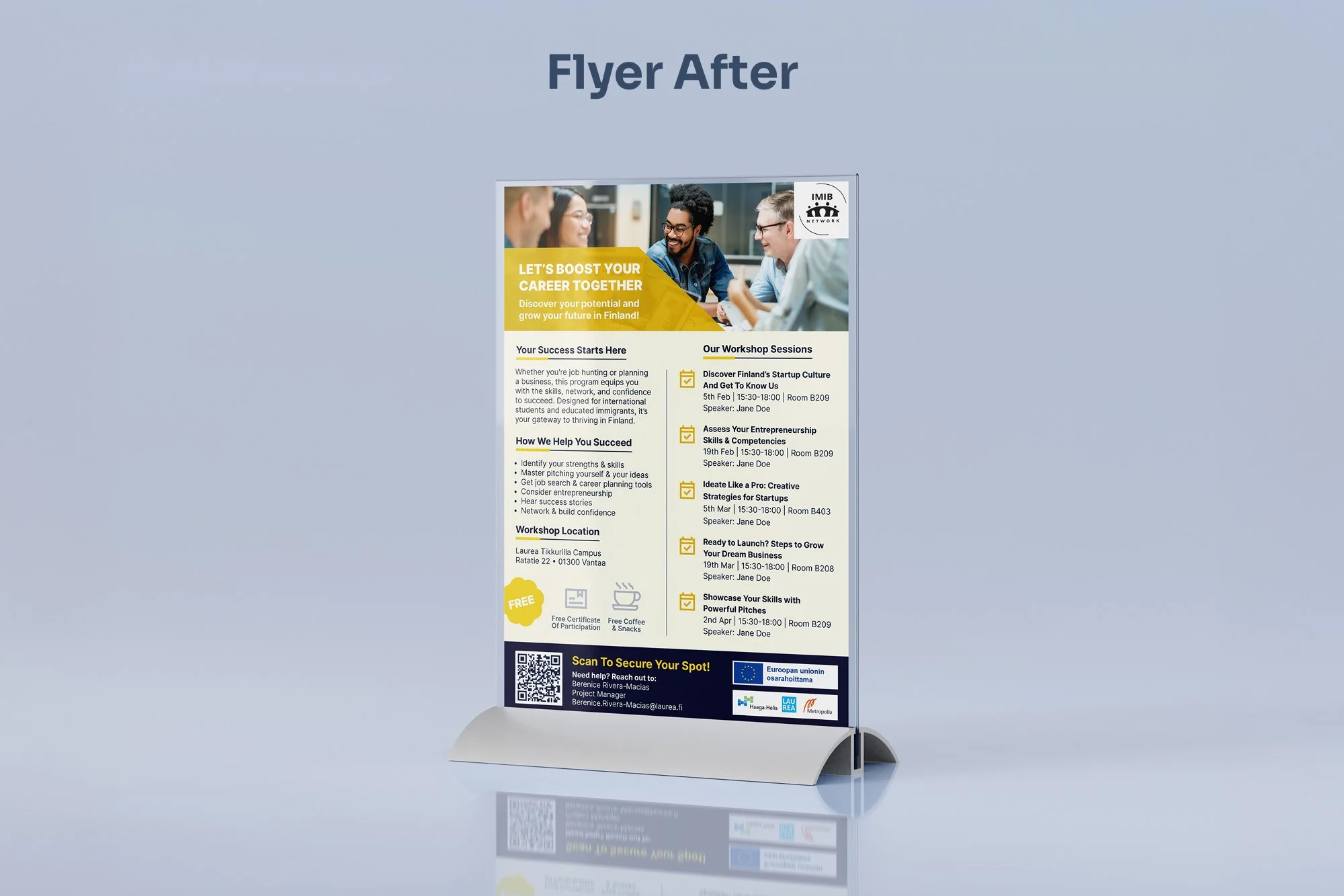 The new flyer builds trust with clear benefits, key perks, and a scannable layout featuring speaker details.