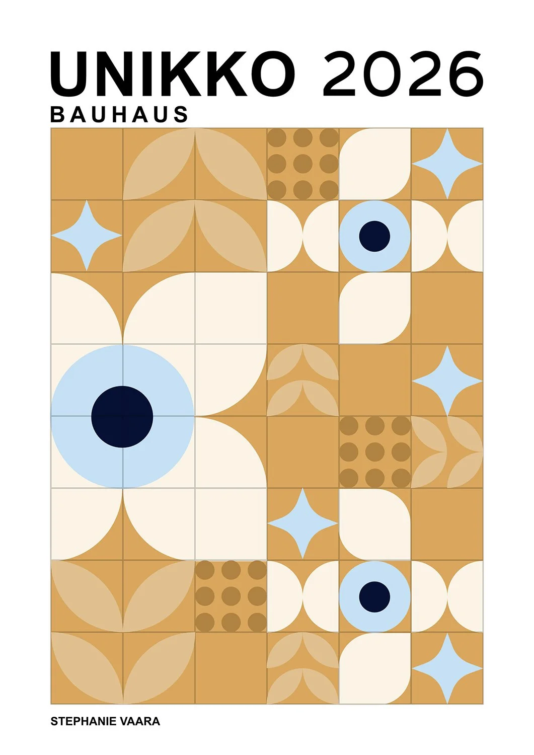 poster draft for UNIKKO 2026 Bauhaus with geometric, abstract tile patterns in shades of beige, white, light blue, and navy, and the author's name, Stephanie Vaara, at the bottom.