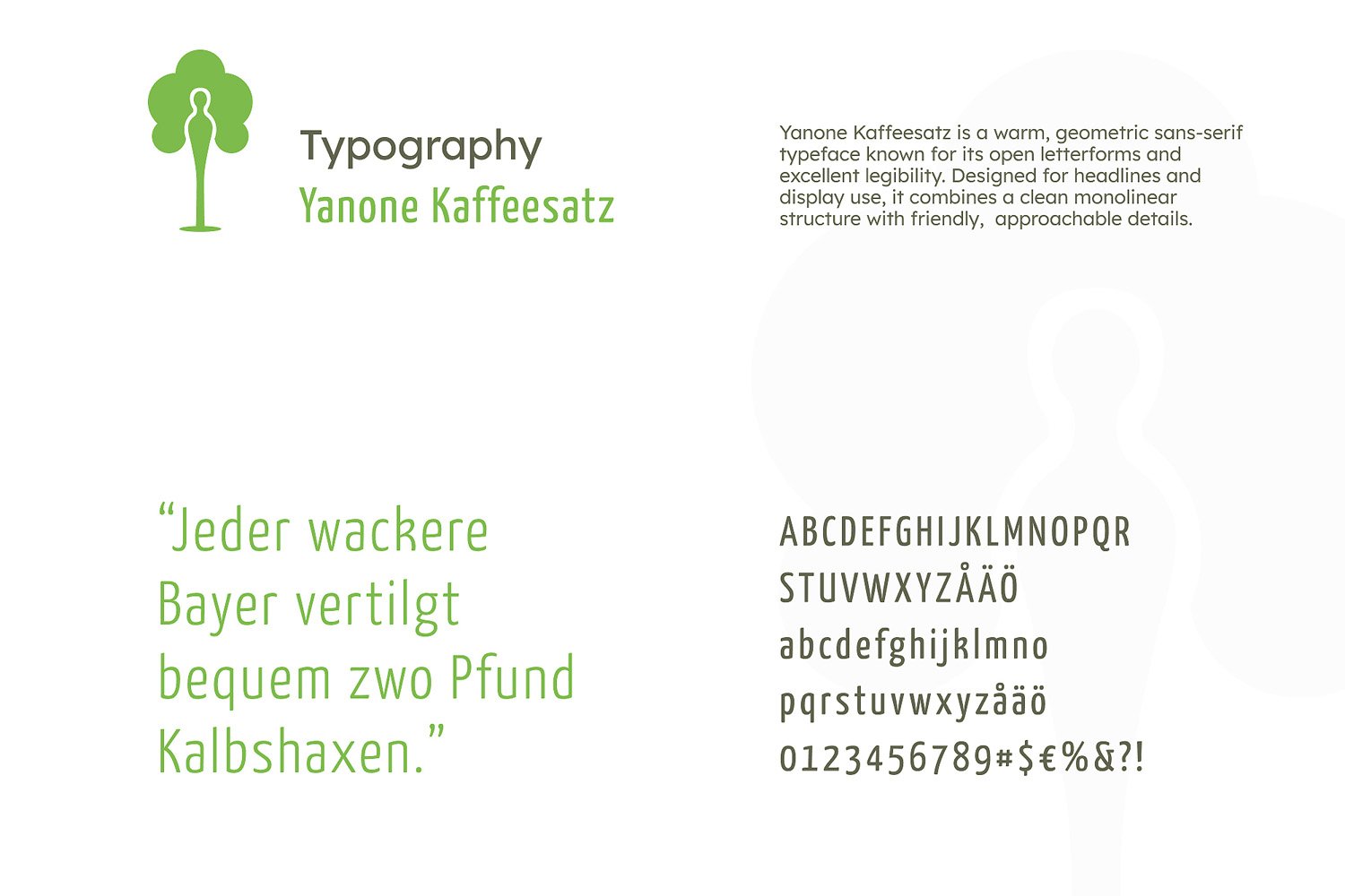 Sample image of a typography style sheet featuring a green tree logo, the word 'Typography' in black, followed by the name 'Yanone Kaffeesatz' in green. There is a paragraph of descriptive text about the font, a quote in green, the alphabet in upperc