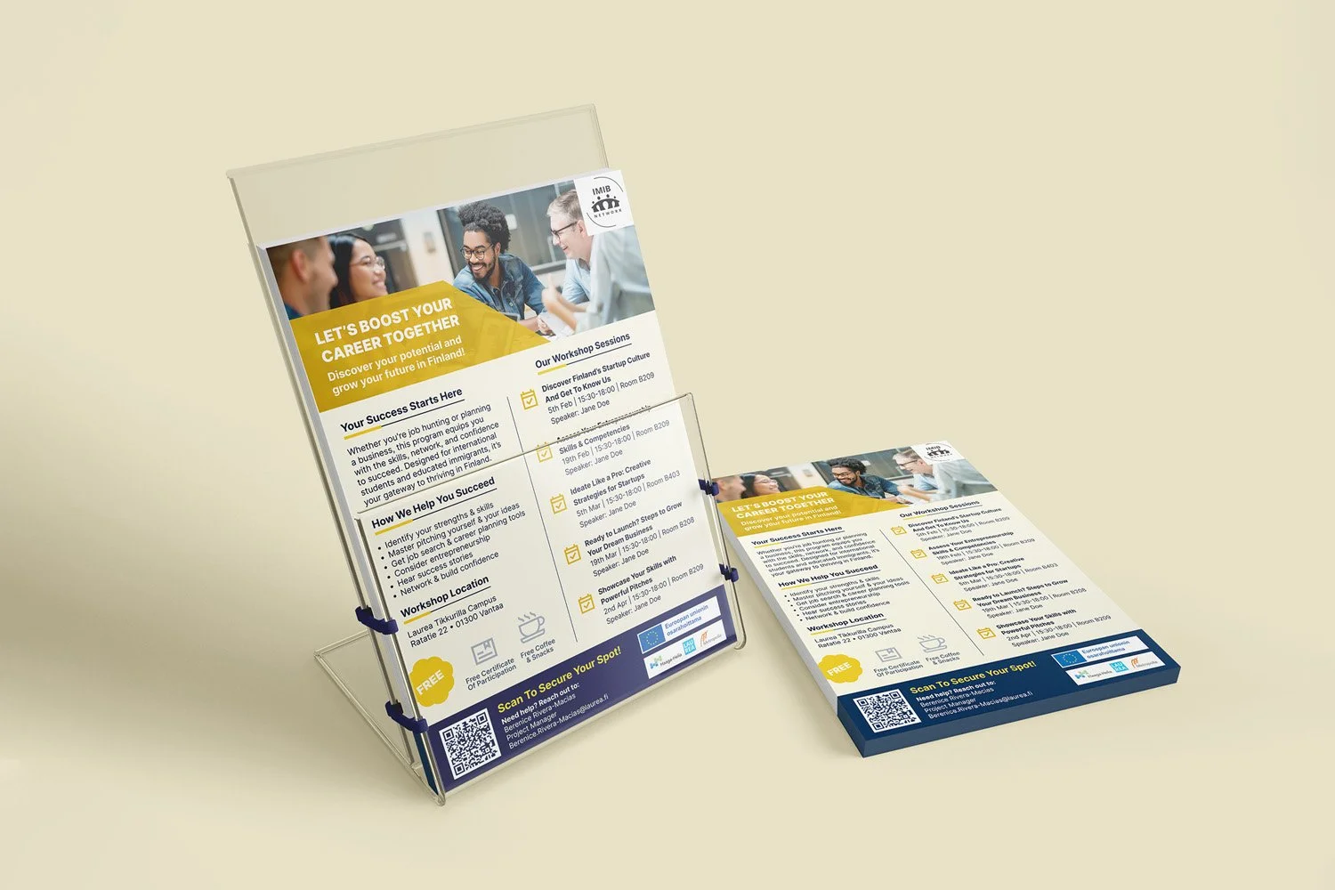 Two flyers on a beige background promoting a career workshop in Finland, featuring a group of diverse smiling people at a table, with details about workshop sessions, location, and free certification, and a QR code for registration.