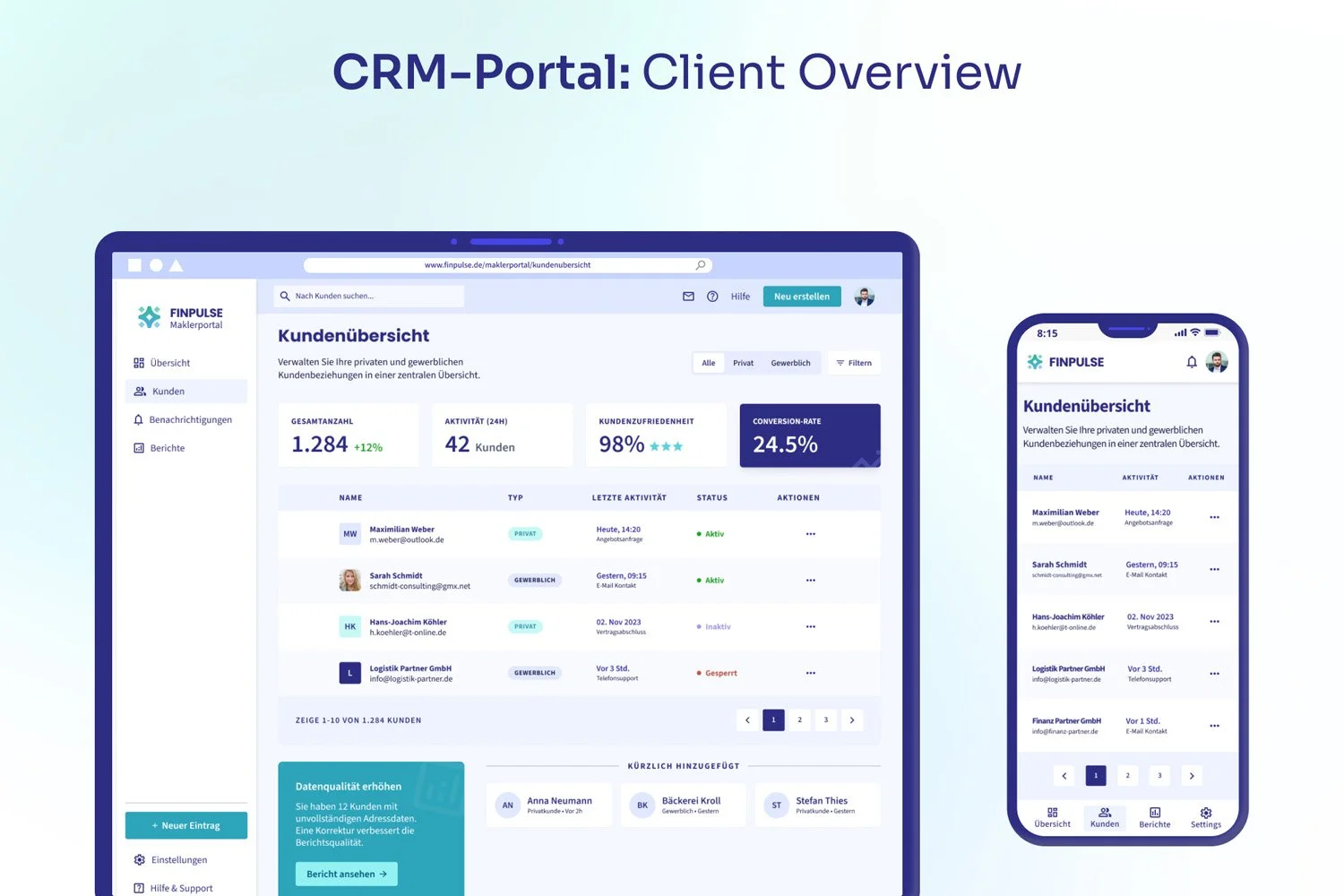 Screenshot of a CRM portal on a computer and a smartphone, showing customer overview with statistics, customer list, and navigation menu.