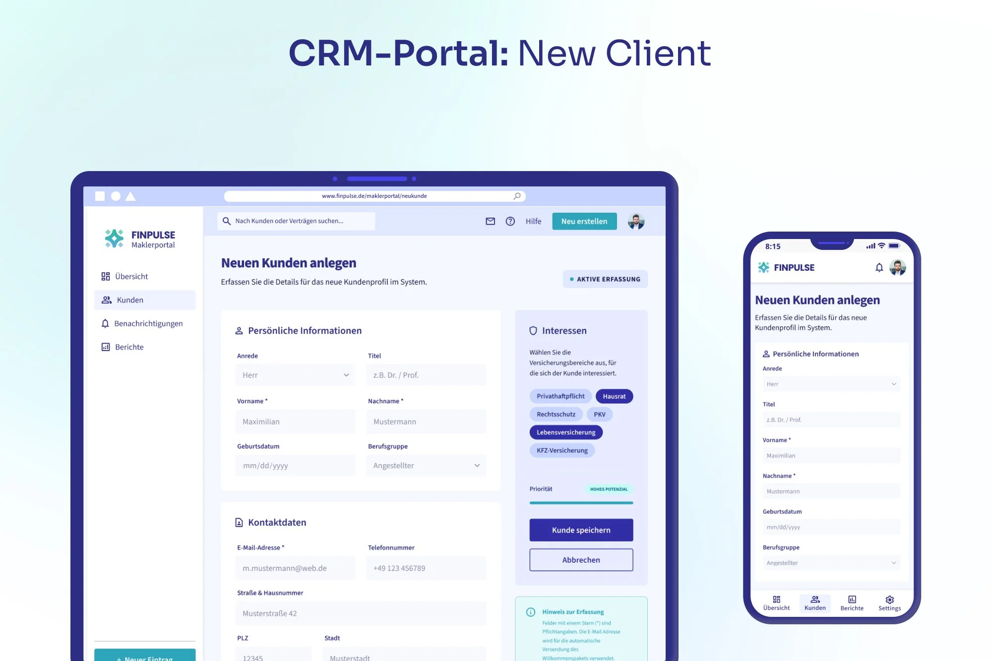 Screenshot of a CRM portal for a new client, showing a form to enter personal information, interests, and contact details on a computer and mobile device displays.