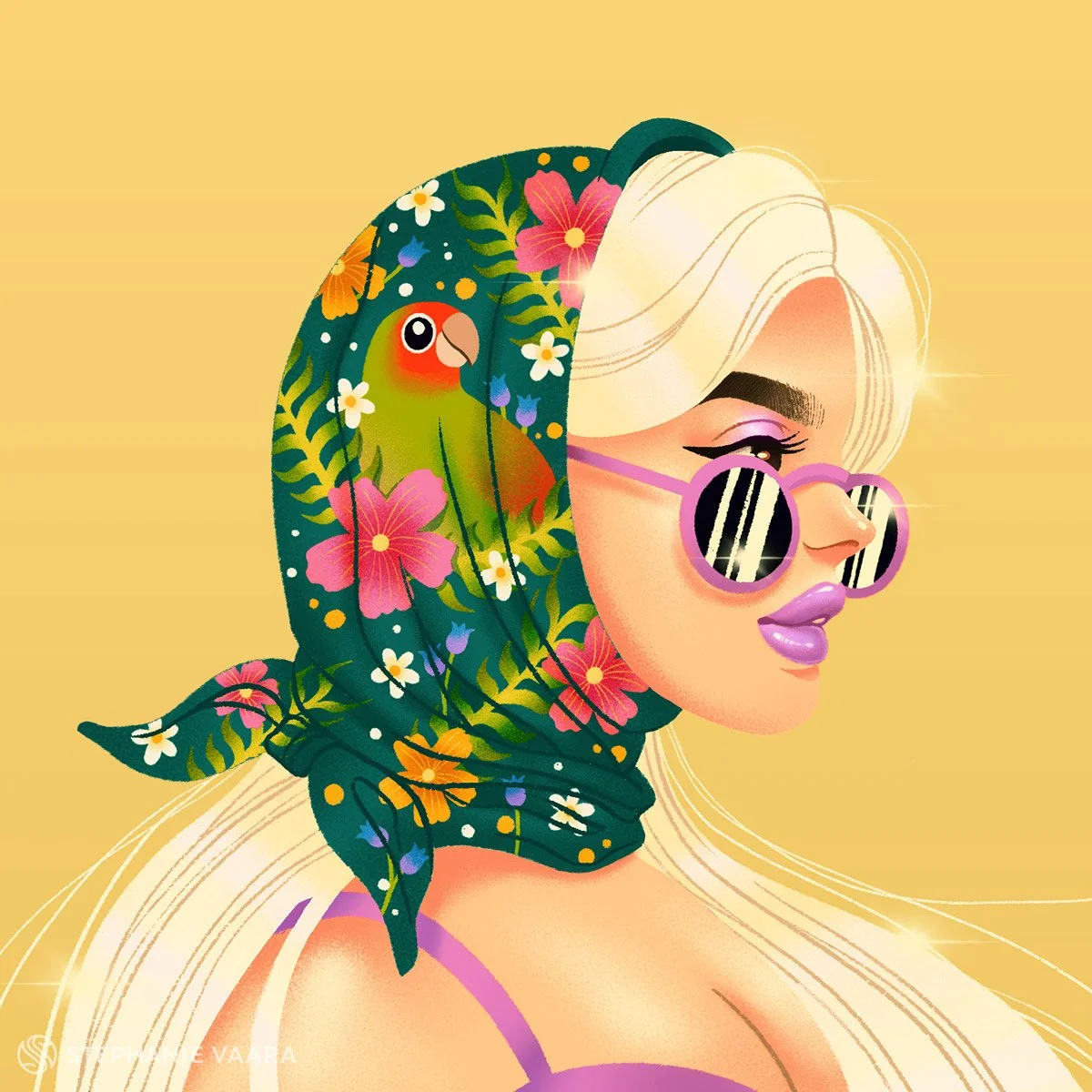Illustration of a woman with platinum blonde hair, wearing purple sunglasses with black and white stripes, and a purple strapless top. She has a floral scarf with colorful flowers, green leaves, and a parrot design wrapped around her head.