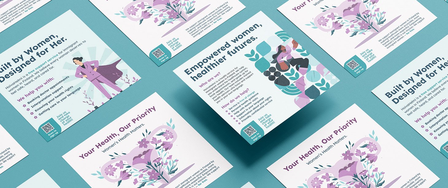 Collection of informational flyers about women's health, featuring floral illustrations and text on the importance of women's healthcare and empowerment in Finnish.