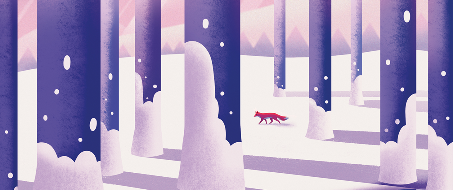 Illustration of a red fox in a snowy, stylized forest with tall trees and falling snow, with shades of purple and pink in the background.