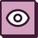 A stylized eye icon with a black outline on a purple background.