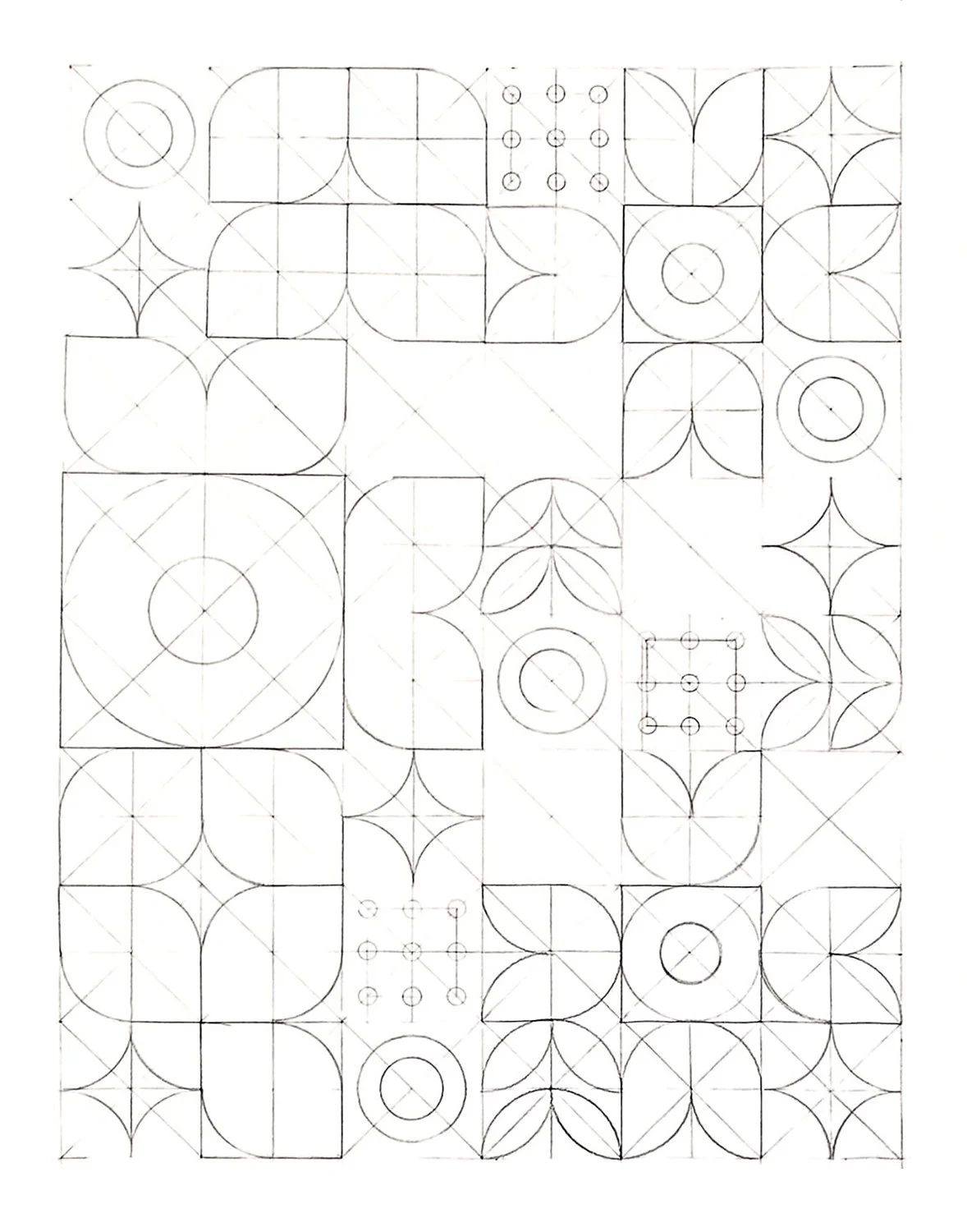 A detailed geometric pattern sketch with circles, squares, and symmetric shapes, arranged in a grid with some shapes overlapping.