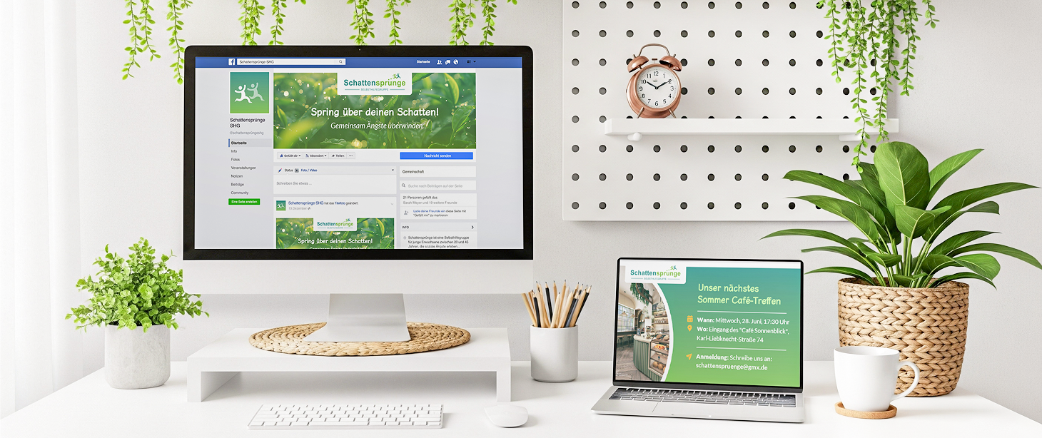 A computer desk setup with a desktop computer displaying a Facebook page, a laptop showing an event invitation, a potted plant, a small container with pencils, a coffee mug, and decorative hanging green plants on the white wall.