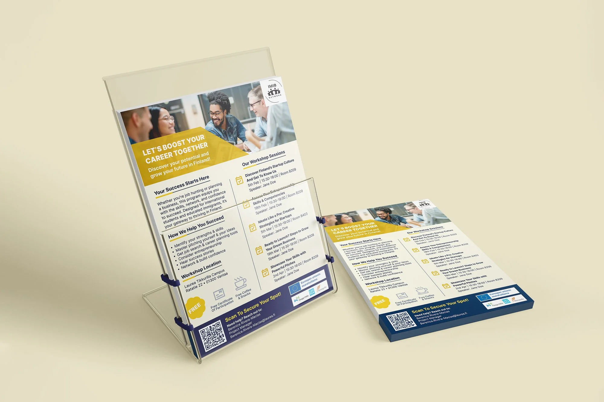 Flyers promoting career workshops with a group of people smiling. Includes event details, workshop sessions, location, and QR code for registration.