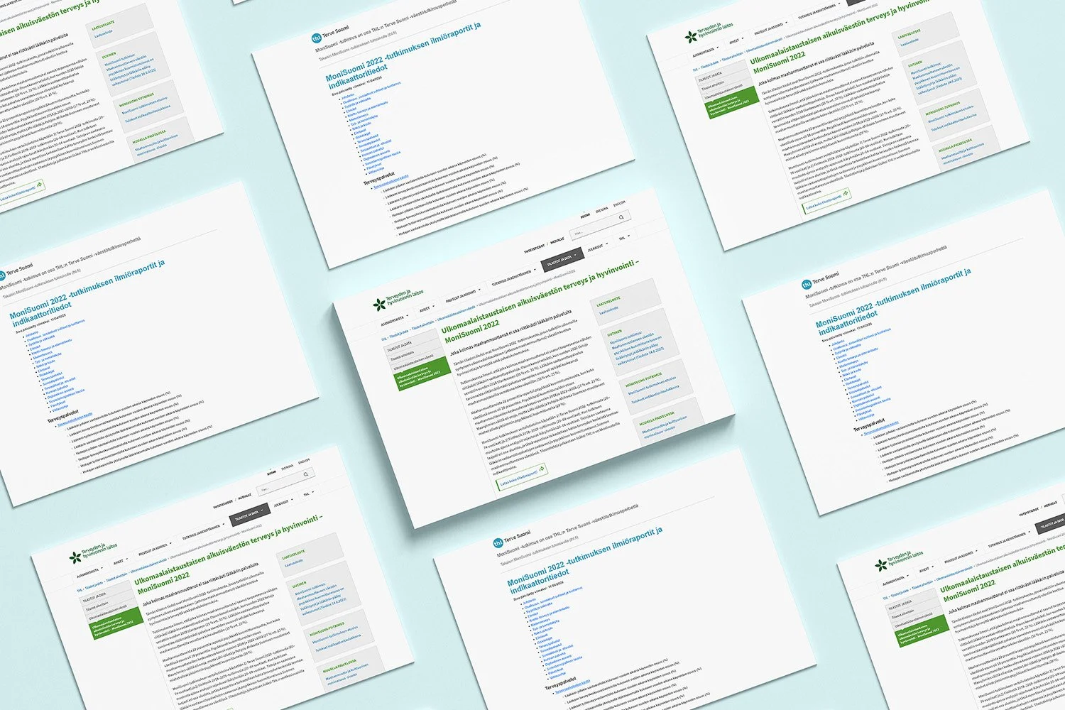 Multiple screenshots of a Finnish government health and wellness report webpage with green and blue accents, displaying text in Finnish about international health assessment for 2022.