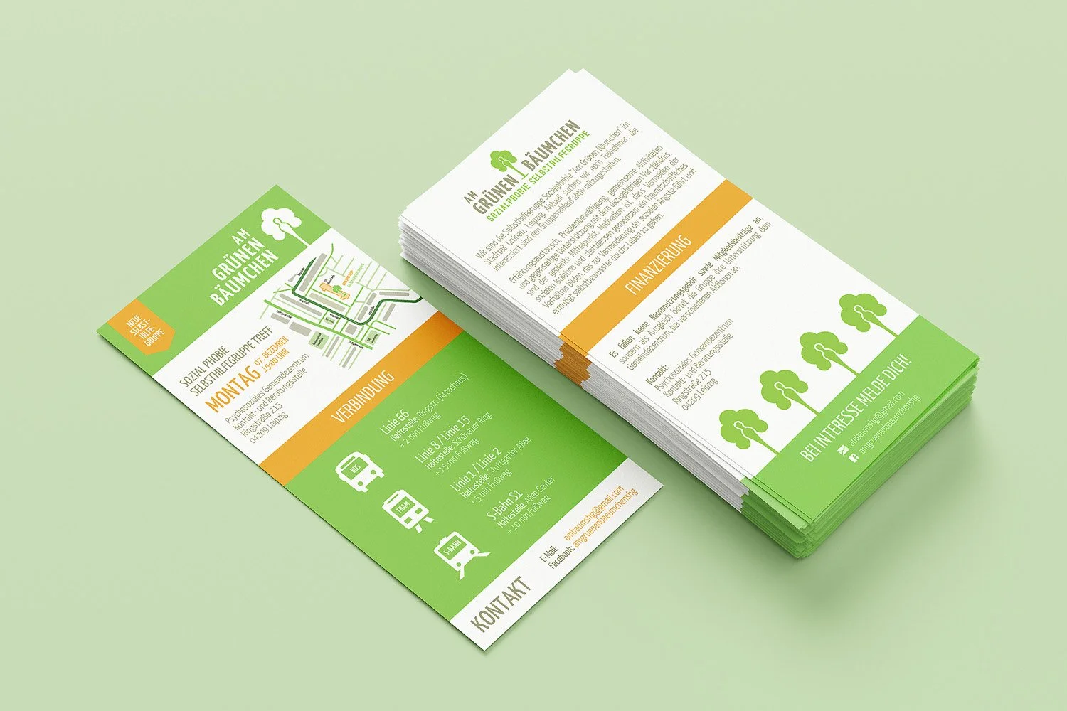 Flyer titled 'Am Grünen Bäumchen' with green and orange color scheme, containing a map, contact information, and details about a community project in Leipzig, Germany.