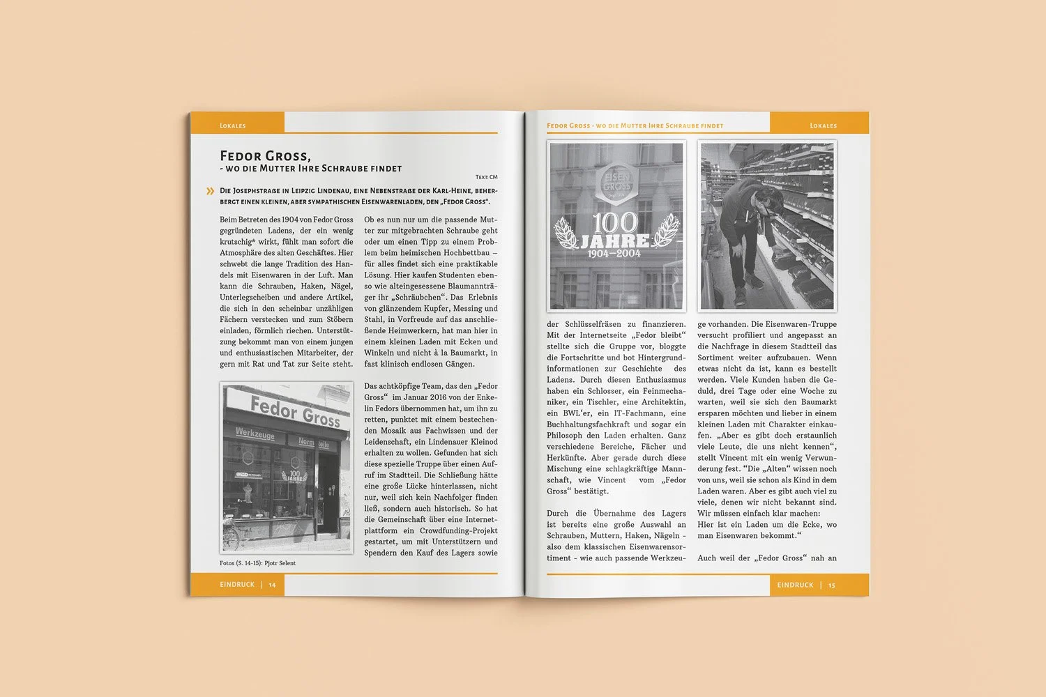 Open magazine with German text, feature on Fedor Gross, includes a black and white photo of a person shopping in a hardware store aisle, and a sign honoring 100 years of the store from 1904 to 2004.