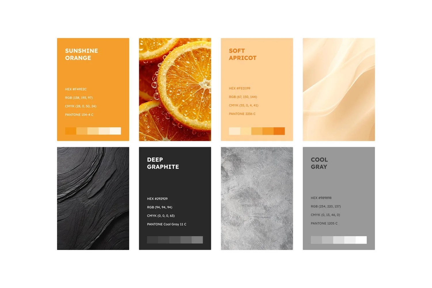 Six color swatches with labels and color codes, including orange, soft apricot, beige, black, textured gray, and cool gray, arranged in a grid with images of orange slices, beige fabric, black wood grain, concrete, and gray fabric.