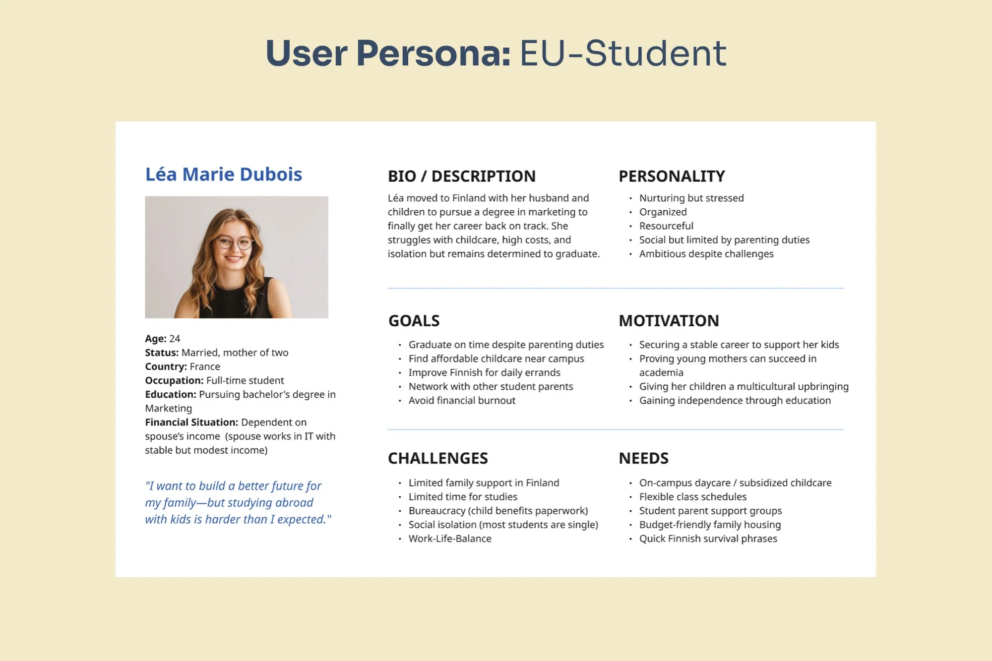 A French marketing student and young mother seeking childcare solutions and peer support to balance studies and family life.