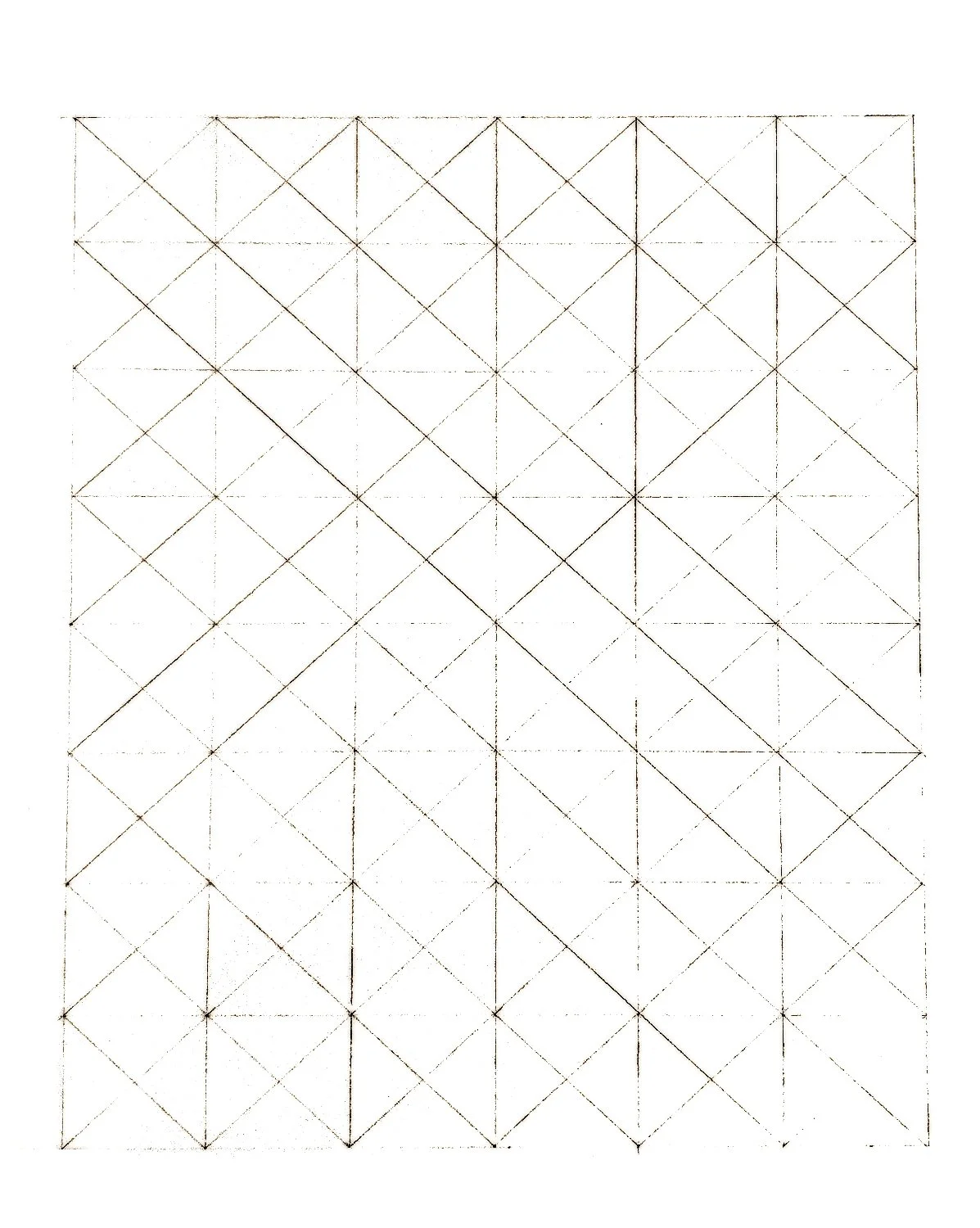 A geometric grid outline of a cube made of intersecting lines and triangles on graph paper.