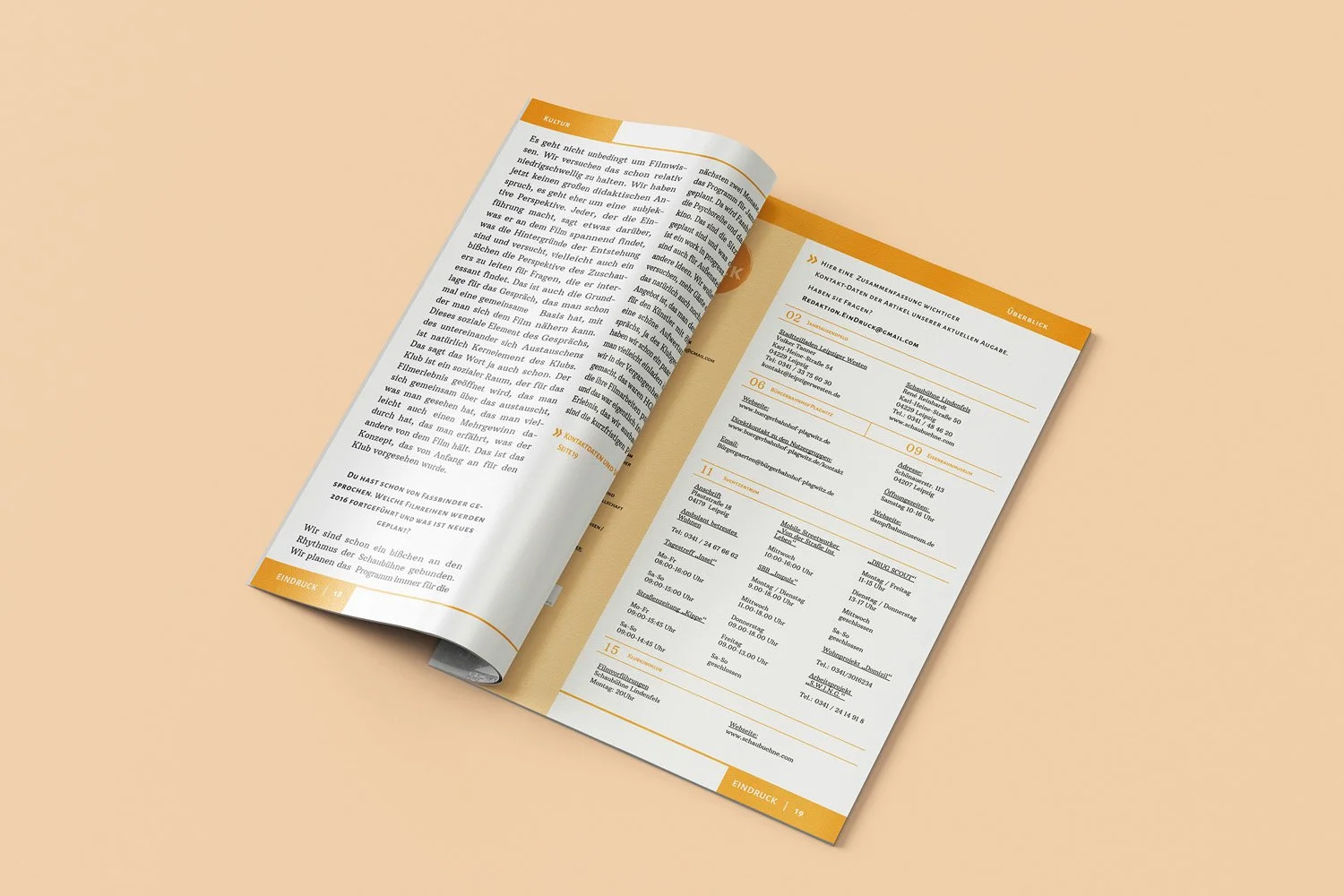 Open magazine with text in German on a peach-colored background.