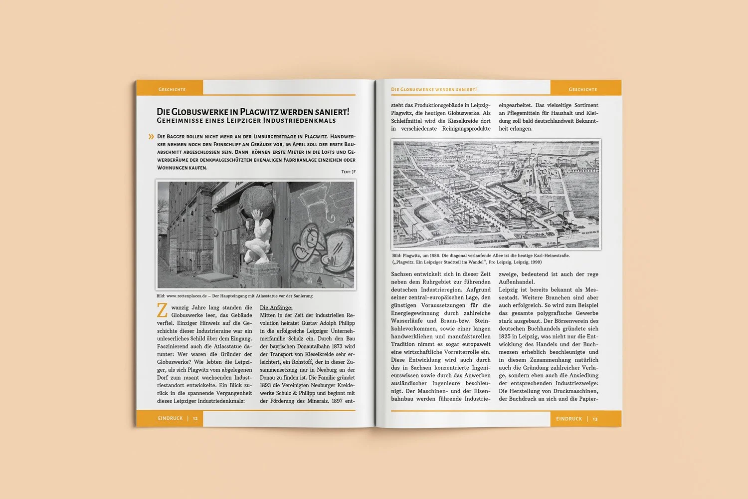 Open magazine spread with German text and black-and-white images of the Plagwitz area, showing a historical map and a sculpture of a bear carrying a boulder.