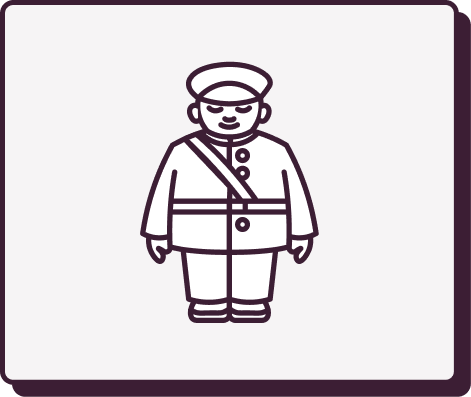 Line drawing of a soldier in uniform with a hat, smiling, facing forward.