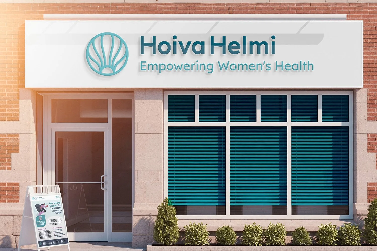 The storefront of Hoiva Helmi, a health center for women, with a sign that reads 'Empowering Women's Health' and a logo resembling a shell. There is an A-frame sign outside with information about free health support for immigrant women in Finland, an