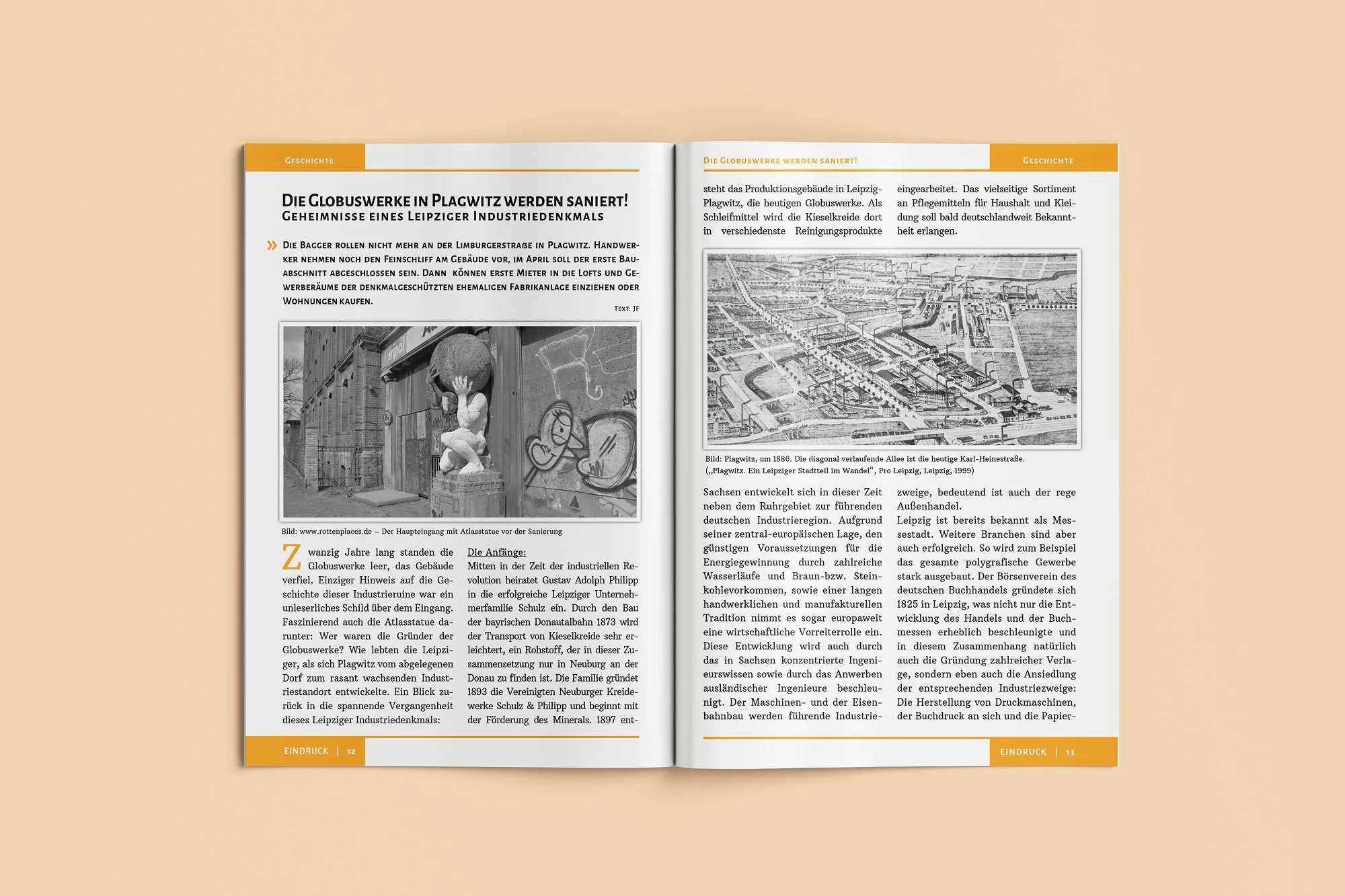 Open magazine spread featuring an article about the renovation of the globus works in Plagwitz, Leipzig, with black and white photos of the site and historical images.