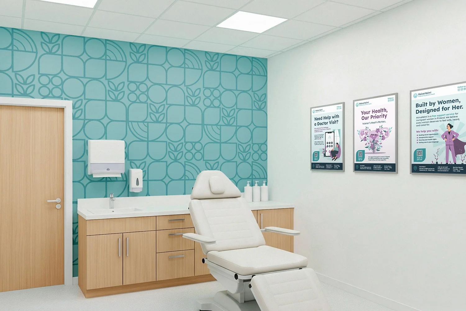 Medical examination room with a white reclining chair, wooden cabinets, a sink, and health posters on the wall.