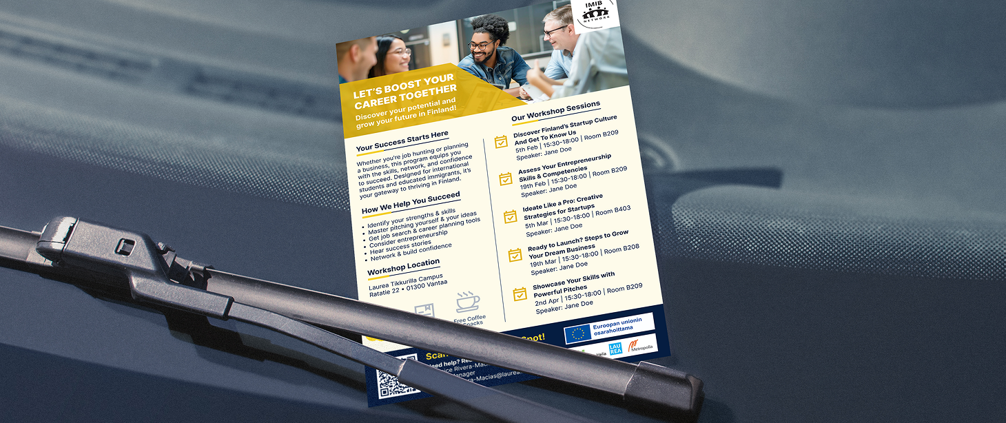 A flyer or brochure on a car dashboard promoting workshops and sessions about career growth and startup culture in Finland, with a group of people smiling and talking at the top.