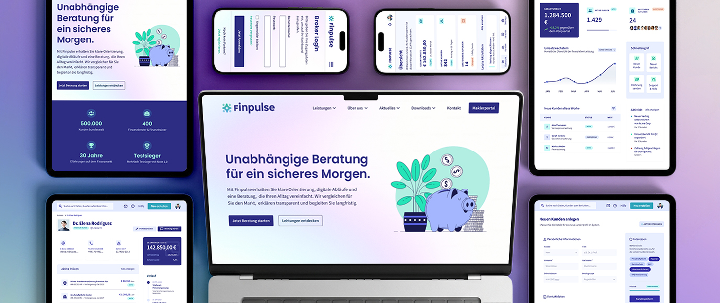 Multiple digital devices, including a laptop, tablets, and smartphones, displaying financial and banking applications in a colorful workspace. The main screen features a homepage with a purple and blue theme, a piggy bank illustration, and the text "Unabhängige Beratung für ein sicheres Morgen."