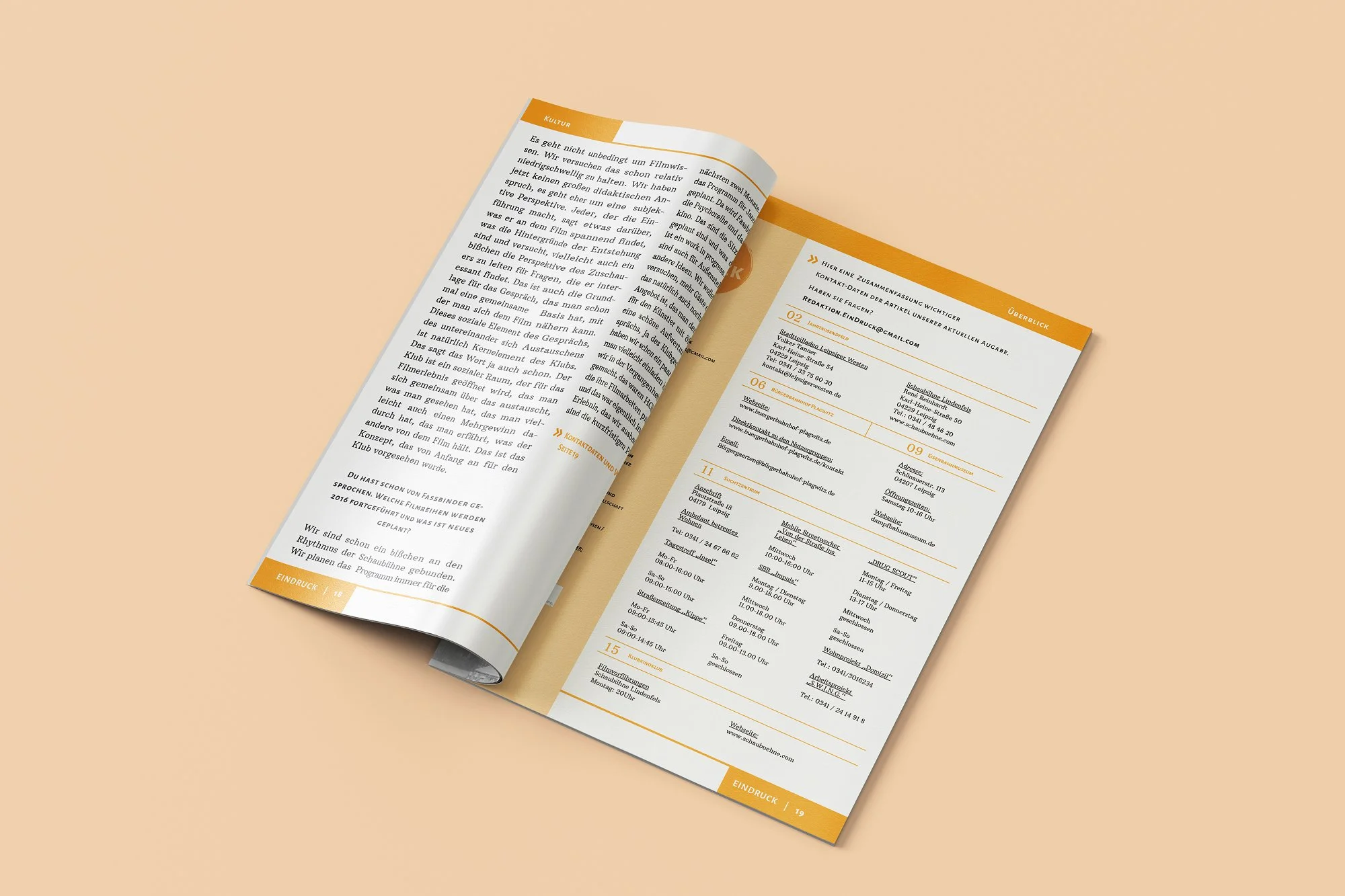 Open magazine or brochure with German text, featuring a table of contact information and schedules, on a beige background.