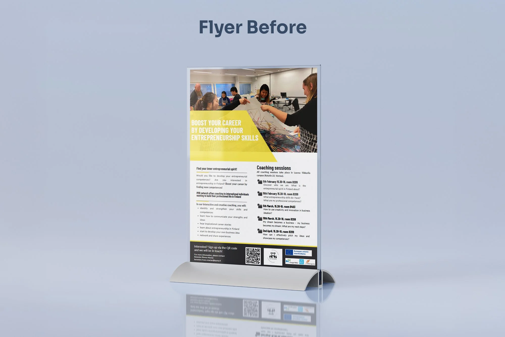 The original flyer used abstract language and a text-heavy layout, lacking clear incentives and specific speaker information to build trust.