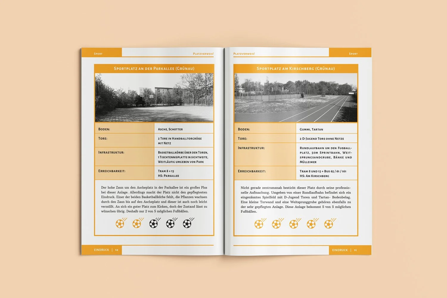 An open magazine showing two pages about sports fields, each with a black and white photograph at the top, followed by tables describing ground, goals, infrastructure, accessibility, and illustrations of soccer balls at the bottom.