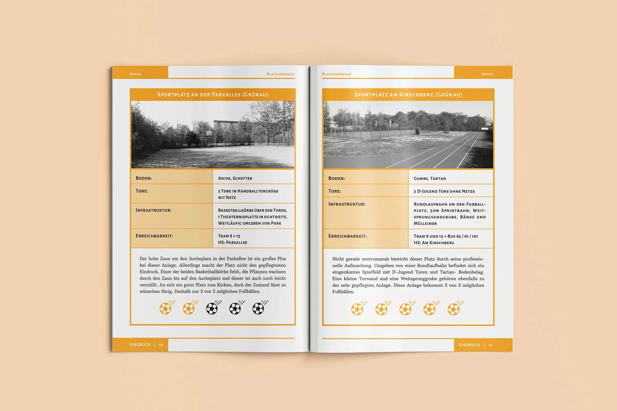 Open magazine with two pages, each featuring a black and white photograph of a sports field. The left page shows a park sports ground with a high fence and surrounding trees, and the right page shows a running track with fields and trees in the backg