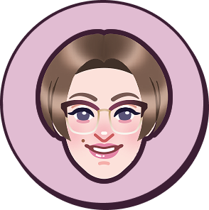 Cartoon illustration of a woman with short brown hair, glasses, and a friendly smile.