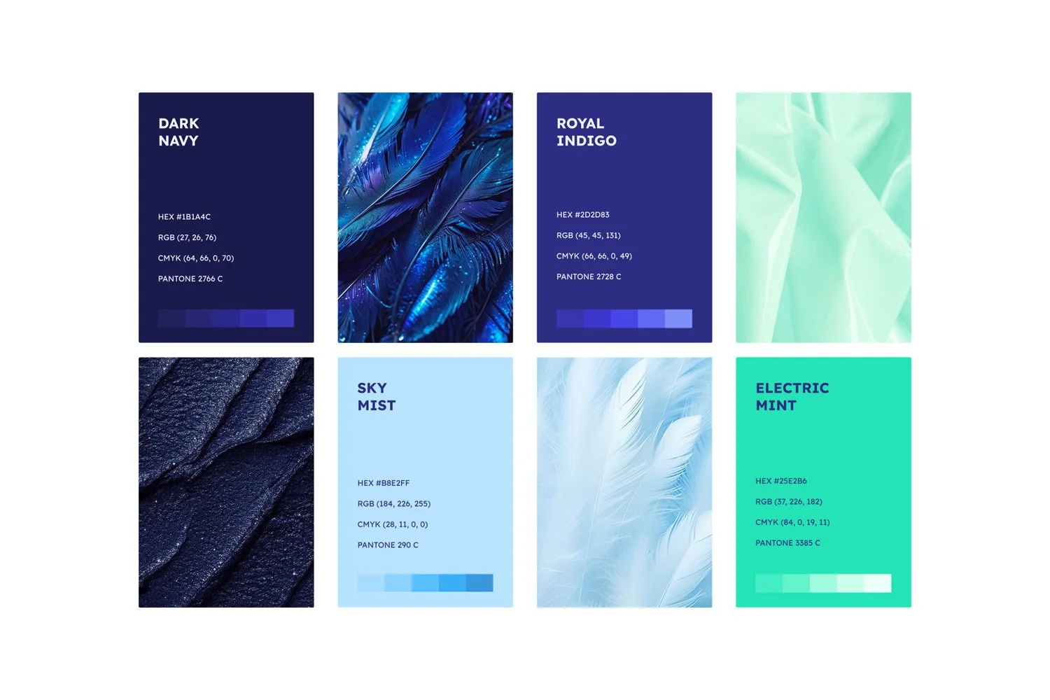 Color palette chart with eight color samples, each labeled with name, hex, RGB, CMYK, and Pantone codes, including Dark Navy, Royal Indigo, Sky Mist, Electric Mint, and others.