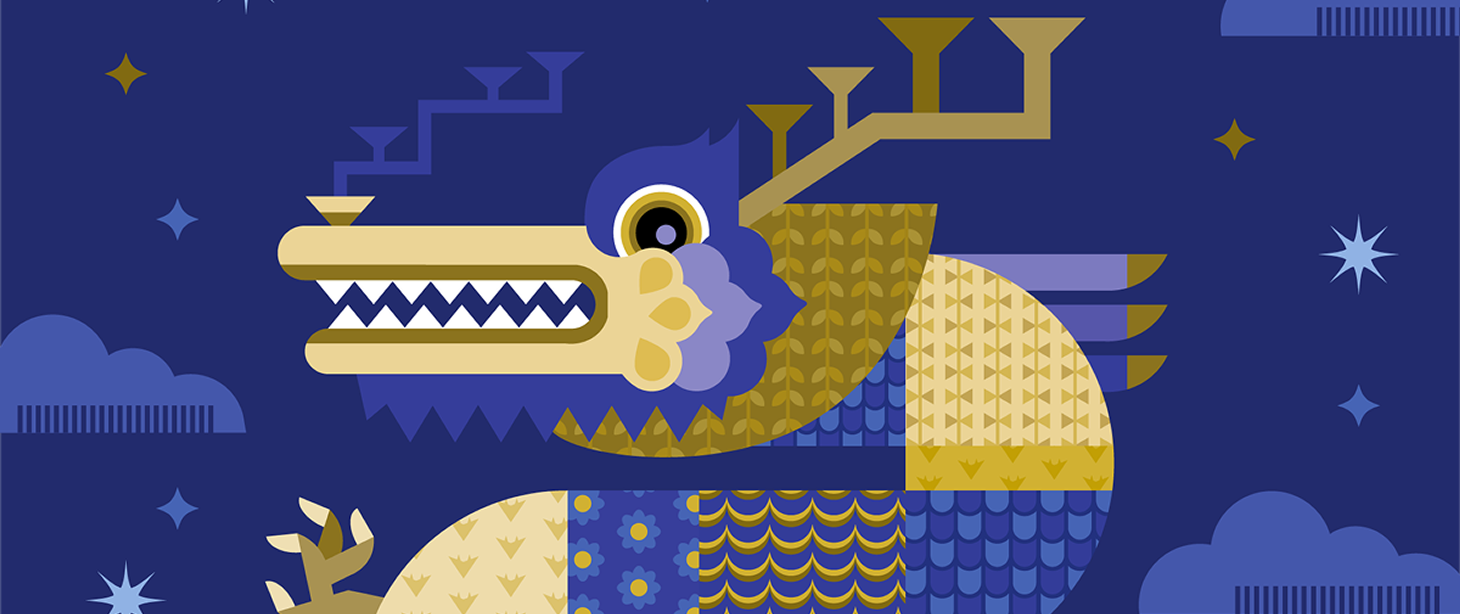 Stylized illustration of a blue and gold dragon with stars and clouds in the background.