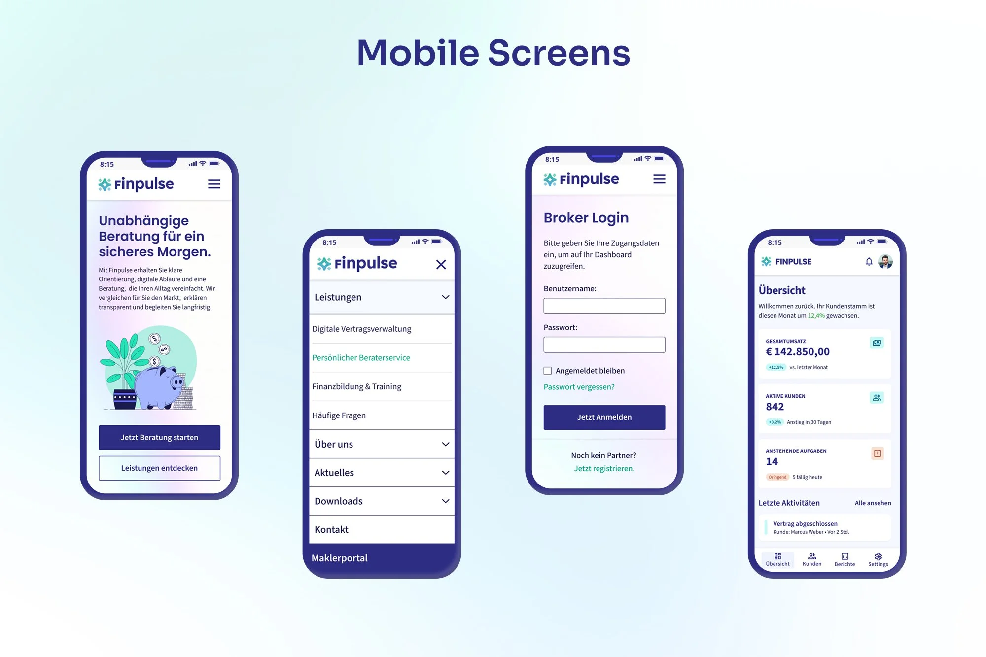 Compilation of four smartphone screens displaying Finpulse mobile app interfaces, including homepage with piggy bank illustration, services menu, broker login screen, and user dashboard with financial overview and activities.