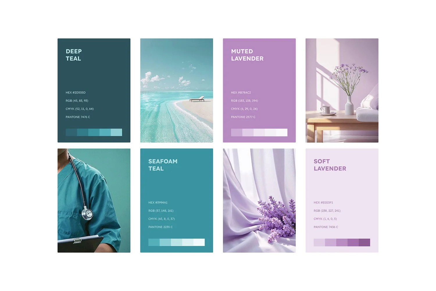 Color palette and images with lavender themes, including a beach, a nurse, and flowers, with shades of teal and lavender.