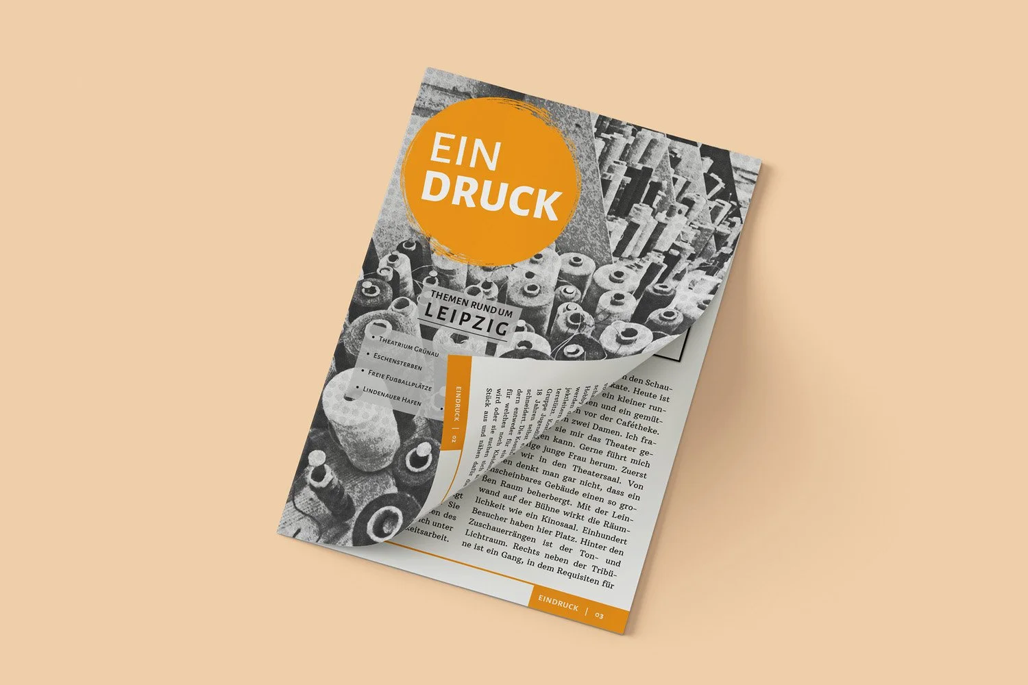 A printed flyer with the headline 'EIN DRUCK' in a large orange circle. The flyer features black-and-white images of pop cans and a section with text about Leipzig, Germany, including local landmarks and features.