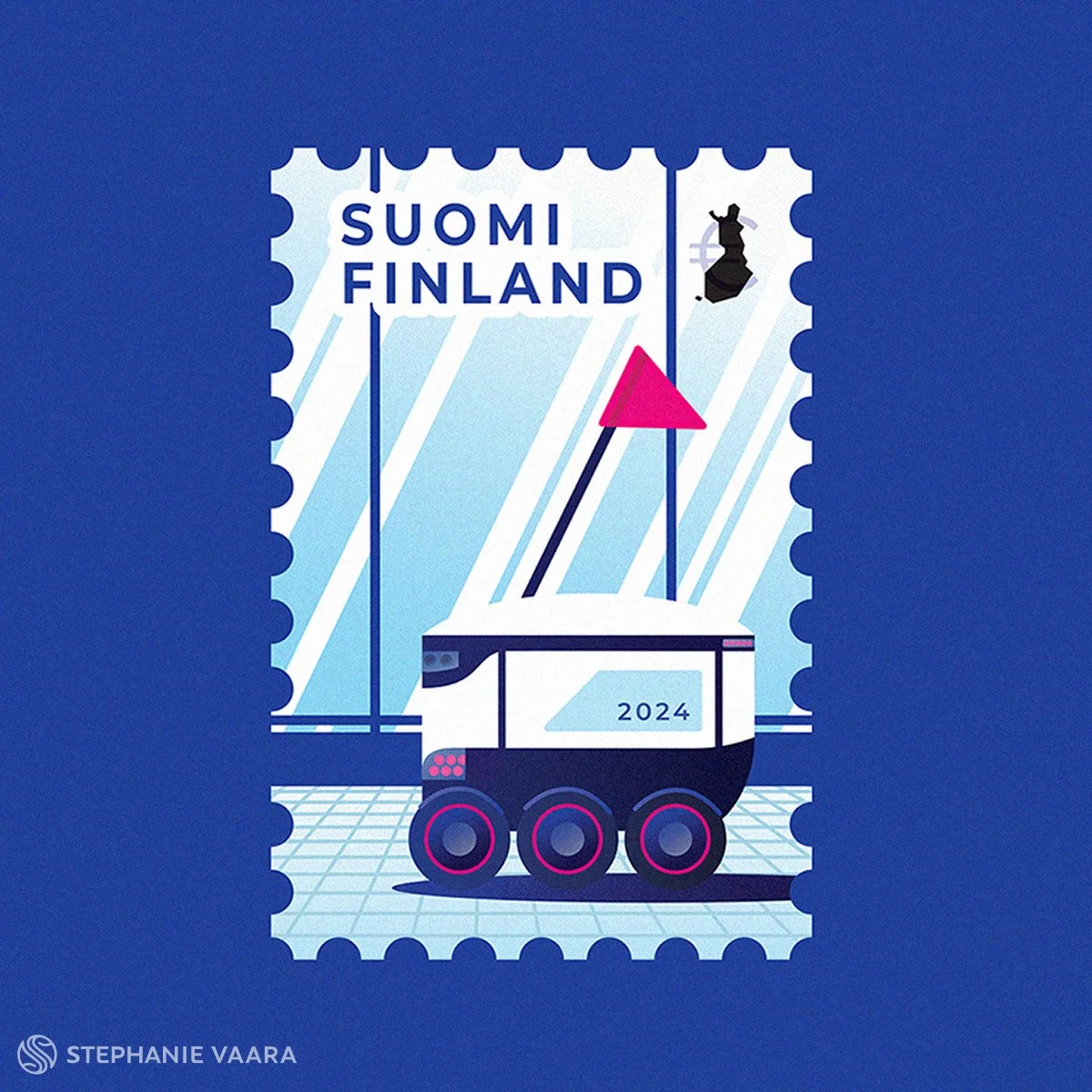 A stylized illustration of a Finnish postage stamp featuring a white background with light blue geometric shapes, the word "SUOMI FINLAND" at the top, a pink flag, and a black and white robot with three wheels, and the year 2024. The artist's name, S