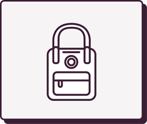 Line drawing of a backpack with a front pocket and a circular logo or emblem