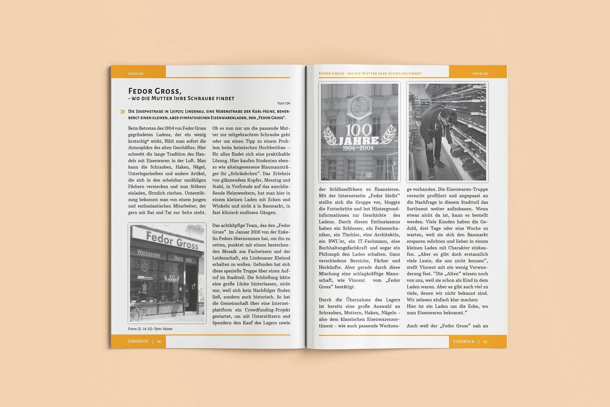 Open magazine spread about Fedor Gross with text in German, a banner celebrating 100 years from 1904-2004, and two black-and-white photographs of a store entrance and a person shopping in shelves.